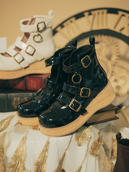 Riemchenspitze mit polierter 3 cm Knöchelsohle, rundes Plateau, schwarze Schnalle, Vintage-Stiefel mit 3 Keilabsatz, Größe 3–5