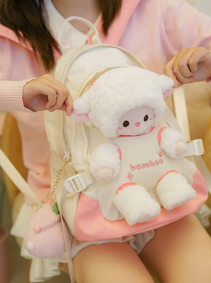 White And Pink Plush Backpack With Detachable Lamb Plushie