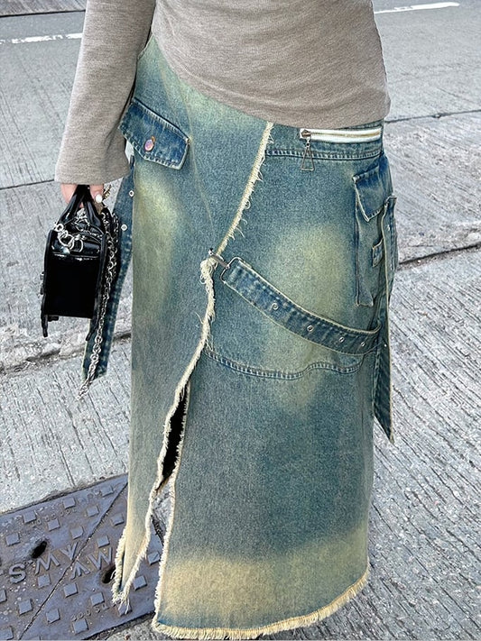 Plus Size Blue High Slit Frayed Hem Wasteland Punk Denim Skirt Cargo Pockets