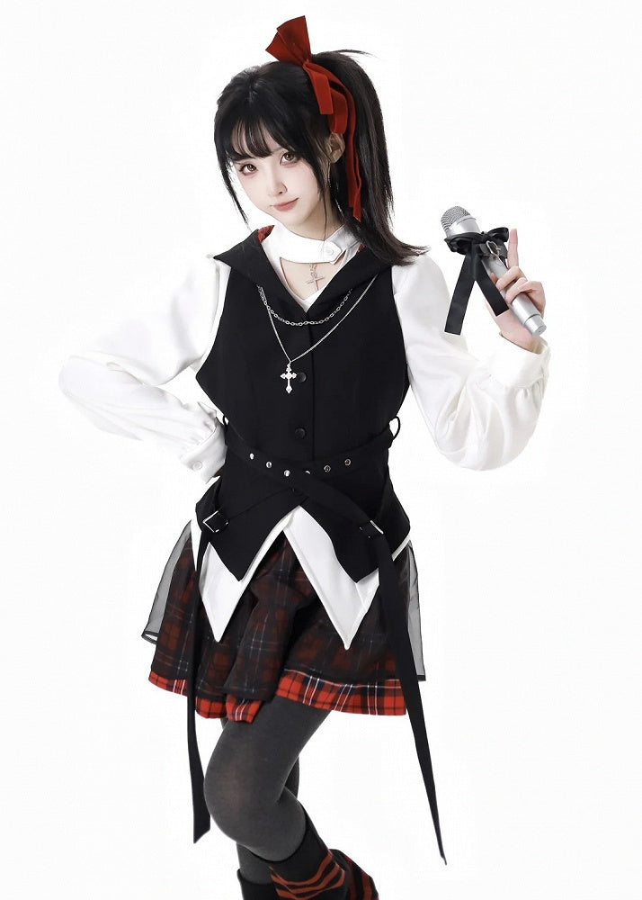 Waist Adjustable Belt with Vest Black Curved Hem Idol Red Plaid Hood