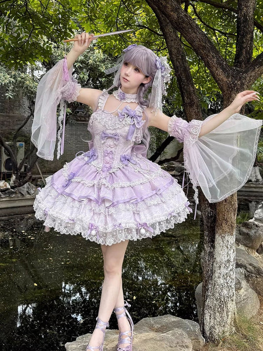 and Chains Dress Flower Lolita Waist Qi Corset Bow Bead Purple Accents