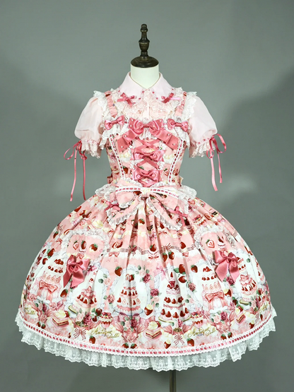 Full Print / Pink Set and JSK Lolita Desserts Sweet Strawberry Bow Accents