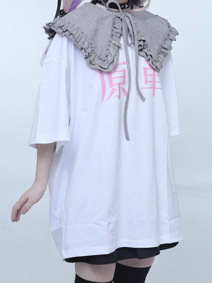 White Jirai Kei Round T-shirt Oversized Graphic Neck