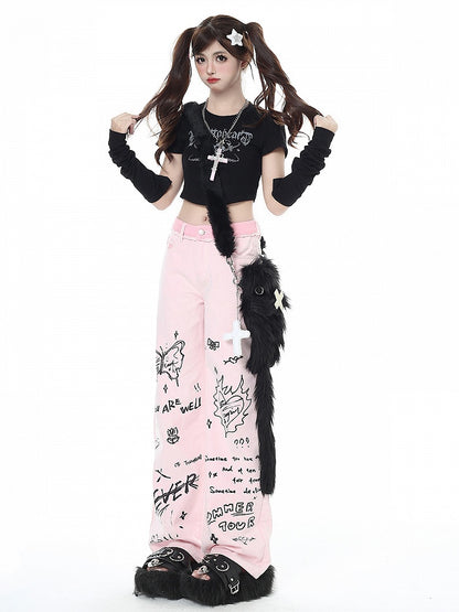 Pink Wide-leg Graffiti Design Jeans High Waist