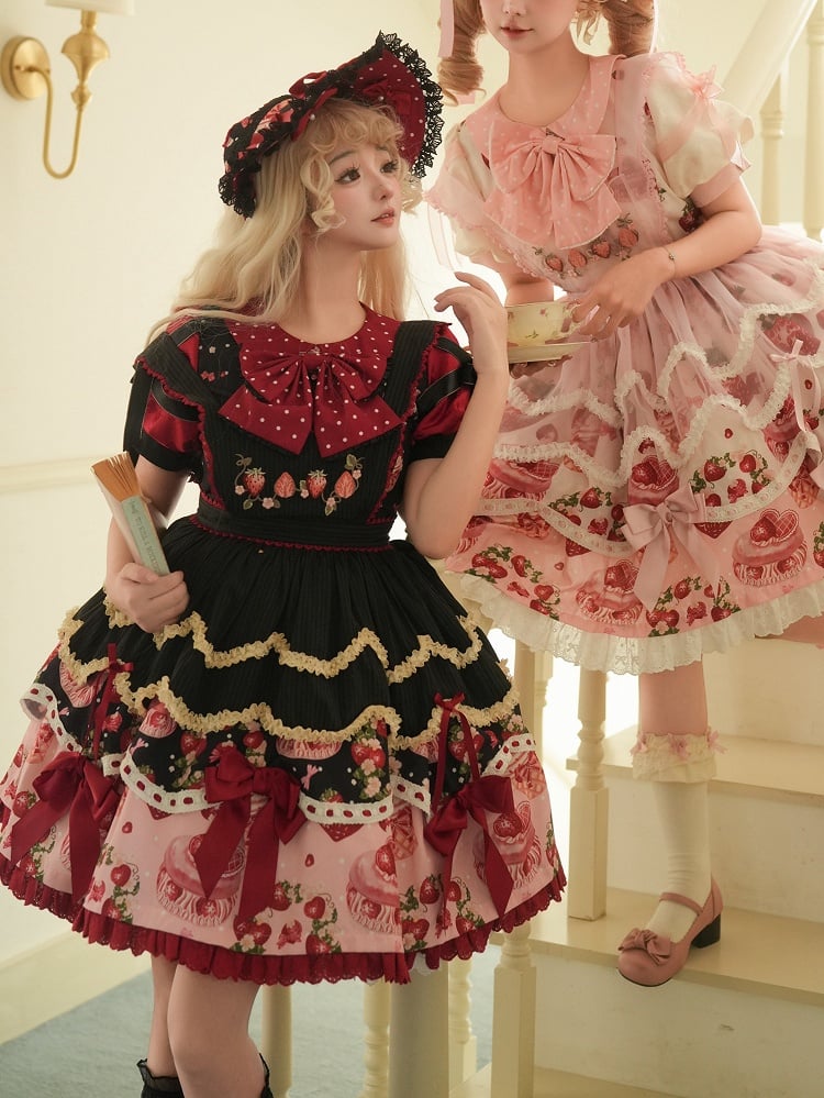 Ensemble complet Lolita une pièce à imprimé fraise noir et rouge avec col Peter Pan