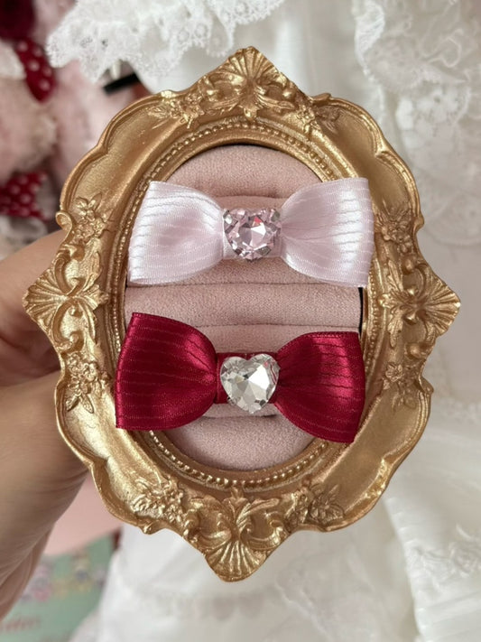 Red Striped Heart Pattern Pink/Wine Decorated Bowknot Rhinestone Ring