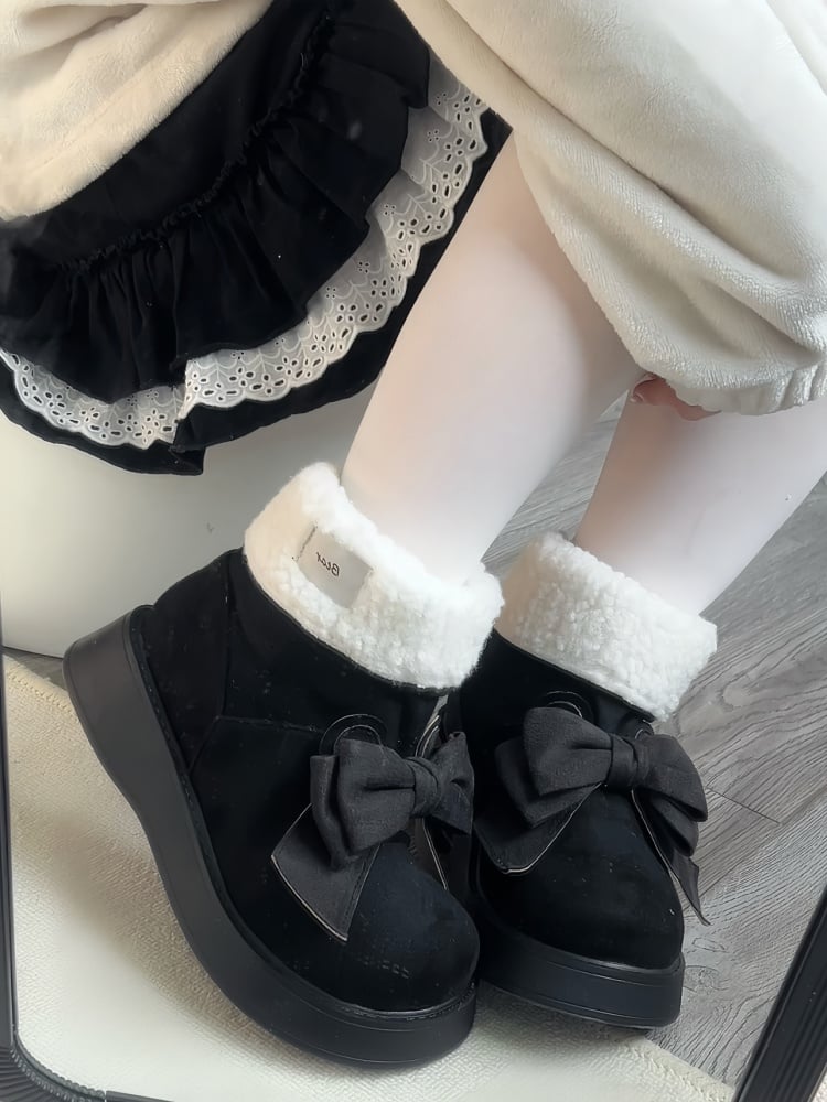 Black Bunny Ear Design Bowknot Platform Winter Boots