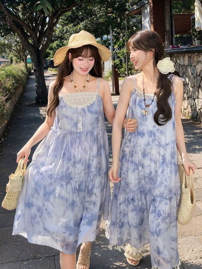 Shell Charm Neckline Dye Tassel Hem Tie Dress Loose Slip Blue Chiffon