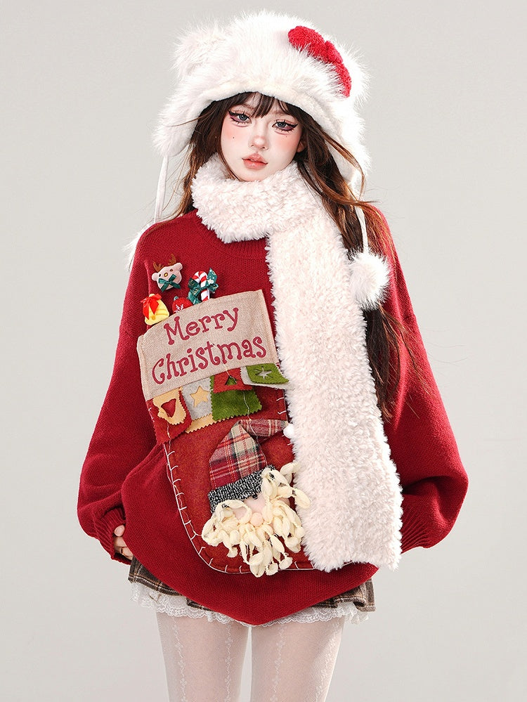 Red Christmas Stocking Design Round Neck Loose Sweater