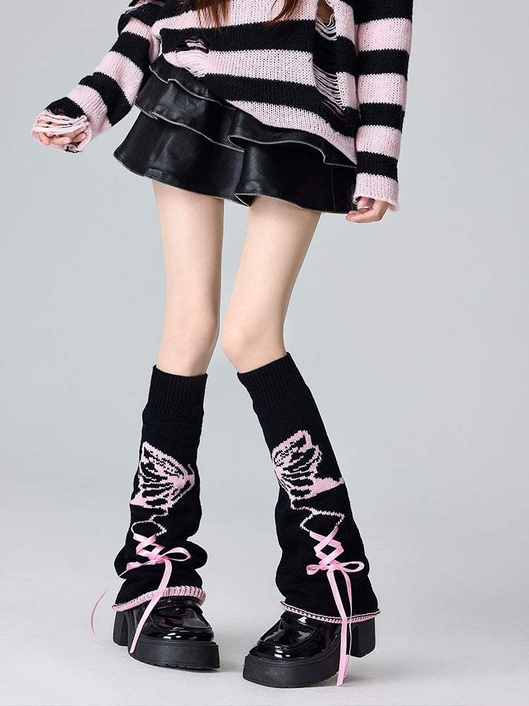 Black&Pink/Black&White/Pink&White Butterfly Pattern Lace-up Detail Leg Warmers