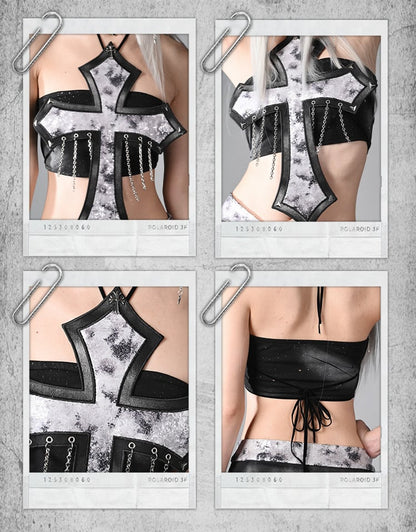 Decorated Cross Strapless Cyberpunk Top Fashion Y3K Chains Futuristic Black  Silver Sequins and
