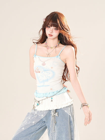 Heart Print Ruffle Trim Cami Top White/Pink