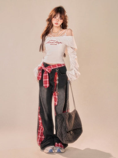 Gray Wide Leg Jeans with Red Plaid Waist Belt