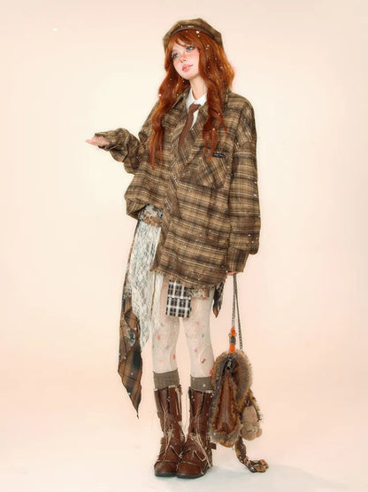 Belt Fabric Plaid Asymmetrical Skirt with and Coffee Lace Self-tie