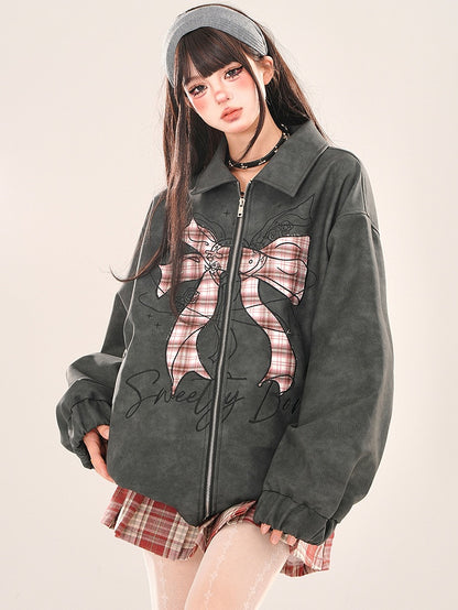 Black Plaid Bowknot Zip Placket Jacket