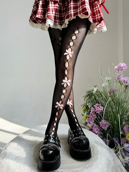 Schwarze halbtransparente Lolita-Strumpfhose mit Schleife und Cutout