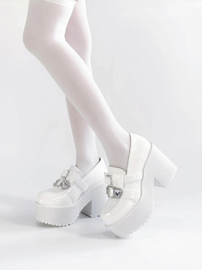 with Jirai Platform Matte Rhinestone Bow White 10cm Heart Loafers Kawaii Kei Heel