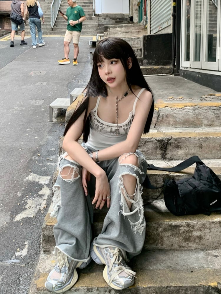 Top/Gray Elastic Waist Distressed Holes Casual Pants Cami White Glamorous Graphic