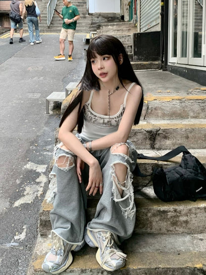 Top/Gray Elastic Waist Distressed Holes Casual Pants Cami White Glamorous Graphic