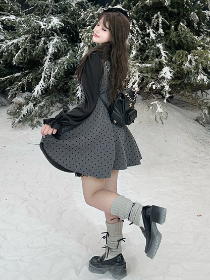 Robe grise grande taille à pois et taille haute avec nœuds
