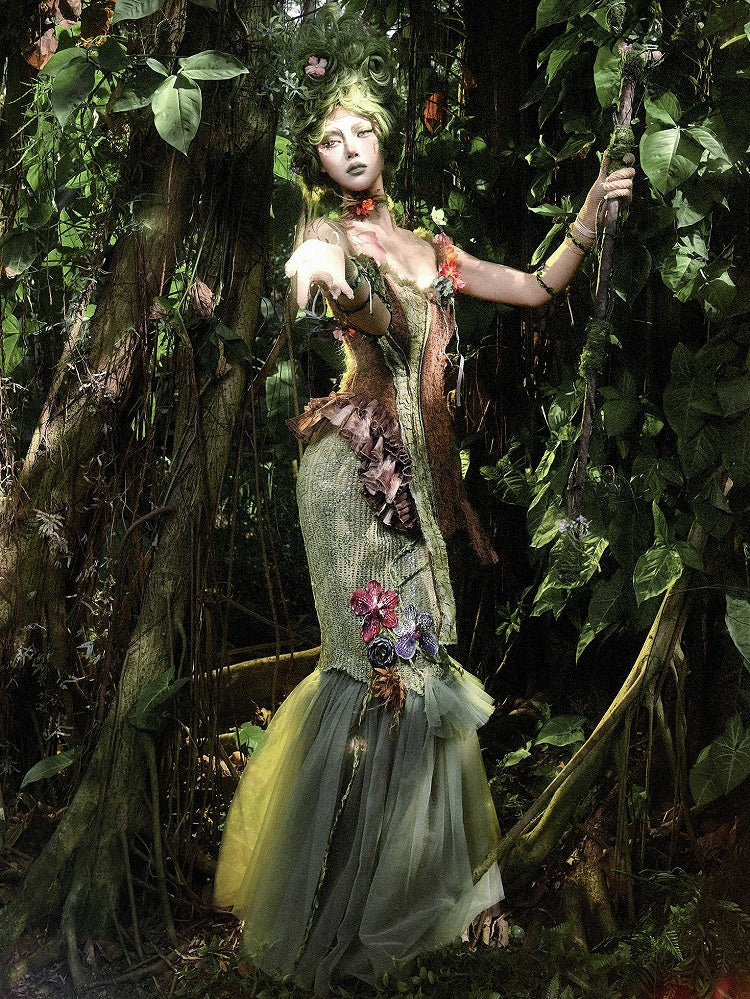 Forest Decorated Skirt Fairy Goth and Hem Tulle Floral Double Layers Green Butterfly Mermaid