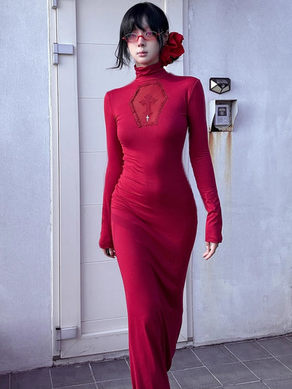 Gothic Red Coffin Cutout Cross Details High Neck Mermaid Skirt Maxi Dress