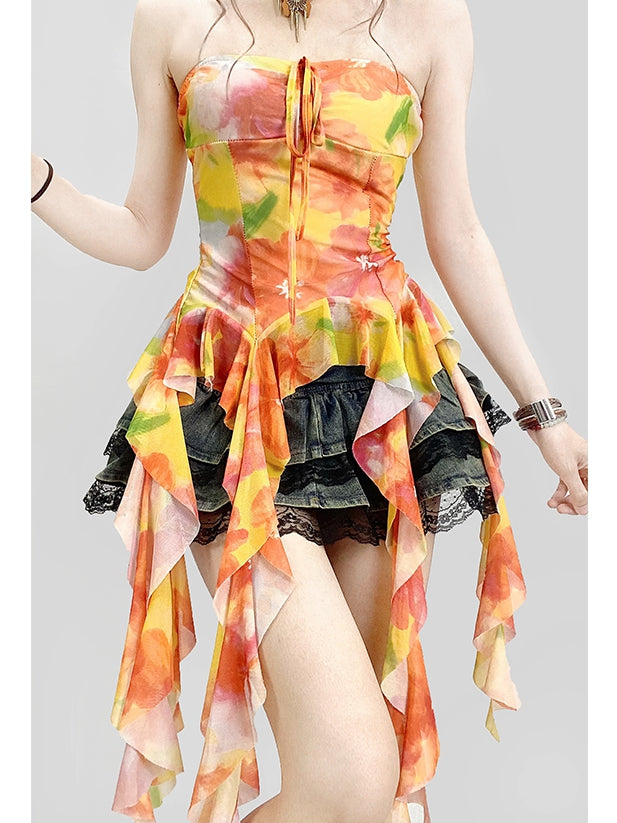 Print Top Ruffle Accents Orange Tube Holiday Floral Cascading