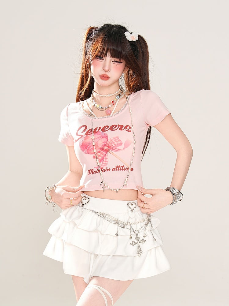 Trim Sweet Lollipop Print Lace T-Shirt Pink/Apricot Glamorous Cropped