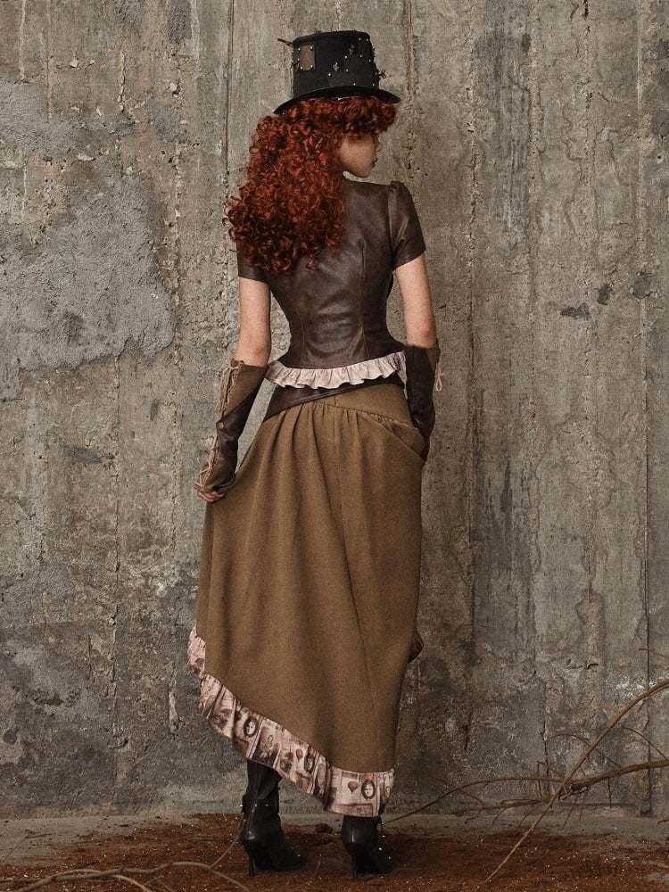 Brown Steampunk Retro Oil Ruffle Trim High-low Skirt