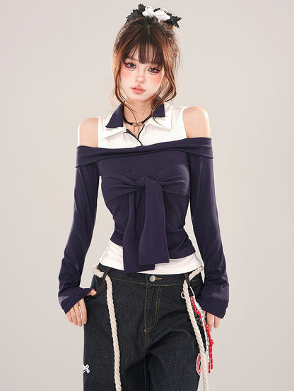 Navy Blue Tie Accent Cutout Shoulder Patchwork Top
