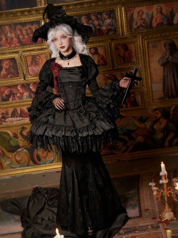 Black Gothic Lolita Layered Ruffle Bell Cuffs Long Sleeves Bolero