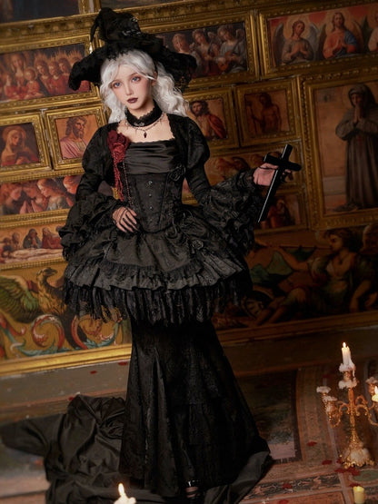 Black Gothic Lolita Layered Ruffle Bell Cuffs Long Sleeves Bolero