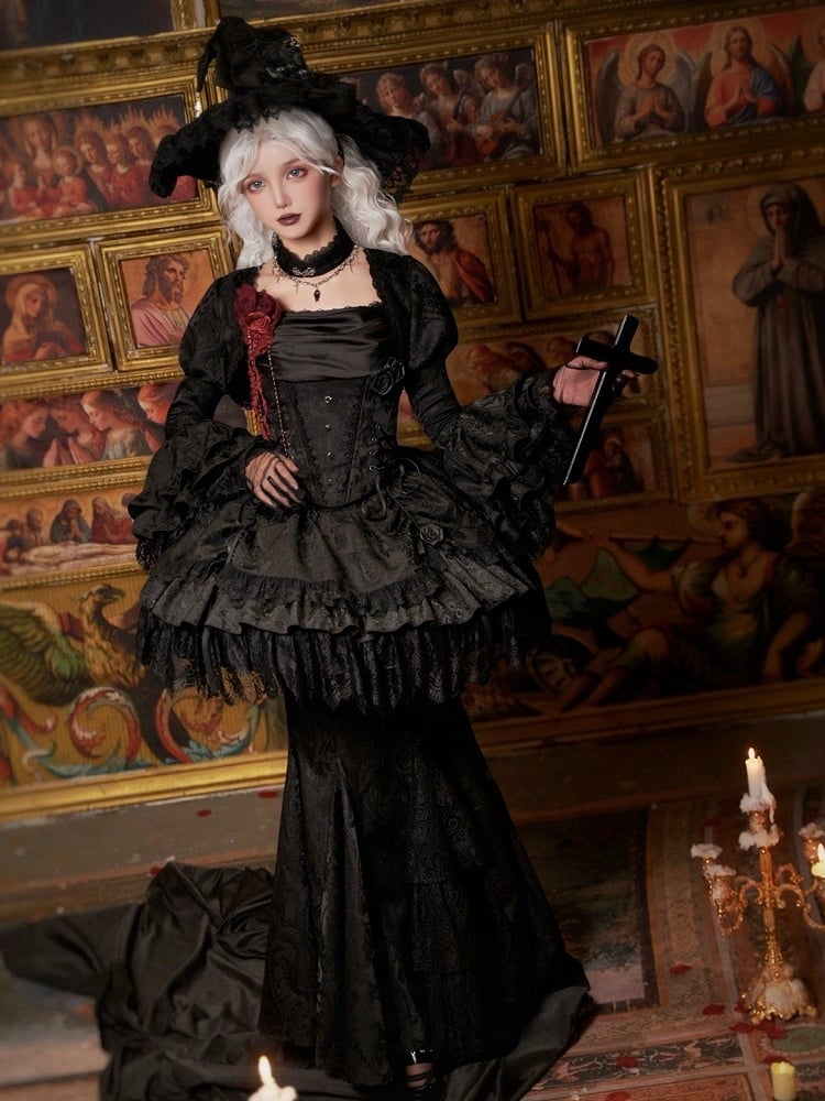 Black Drawstring Detail Gothic Lolita Layered Skirt