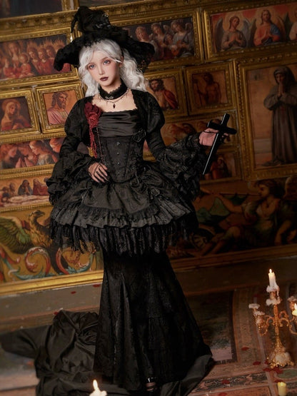 Black Drawstring Detail Gothic Lolita Layered Skirt