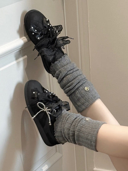 Verzierte Vorderseite Perlen Schwarz Schleife Schnürung Spitze Top Krawatten Sneakers bei