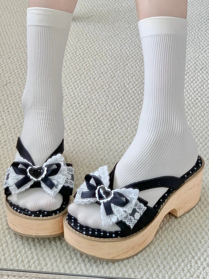 Bow Wa Heart Black White Applique Lolita Comfy Lace Slippers - Trimmed