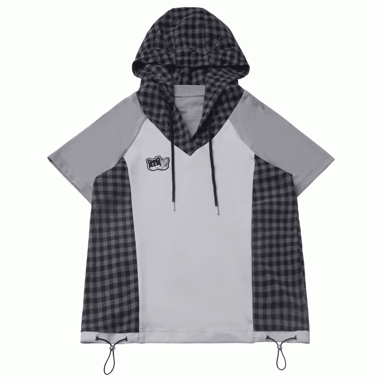 Techwear T-Shirt Plaid Patchwork Design Wolf Embroidery Wolf Ears Hood Gray