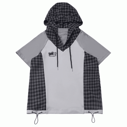 Techwear T-Shirt Plaid Patchwork Design Wolf Embroidery Wolf Ears Hood Gray