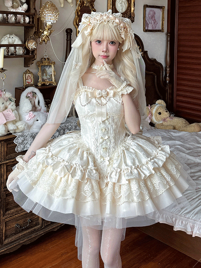 Puffy Dress Fabric with Boned Basque Waist Jacquard Beige JSK Big Hime Lolita Balletcore Bow Train