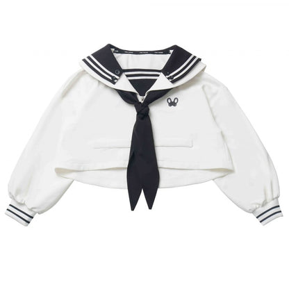 White Sailor Collar Preppy Embroidered Cropped Sweatshirt Zip