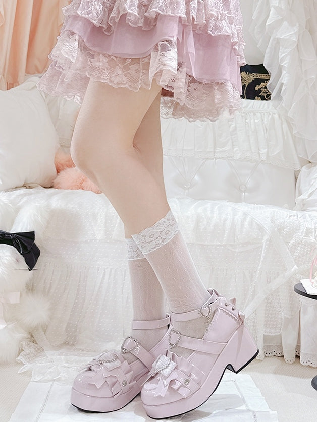 Decorated Jirai Kei Block Heels Lace-up Polished Platform Pink Details High Heart Rhinestone
