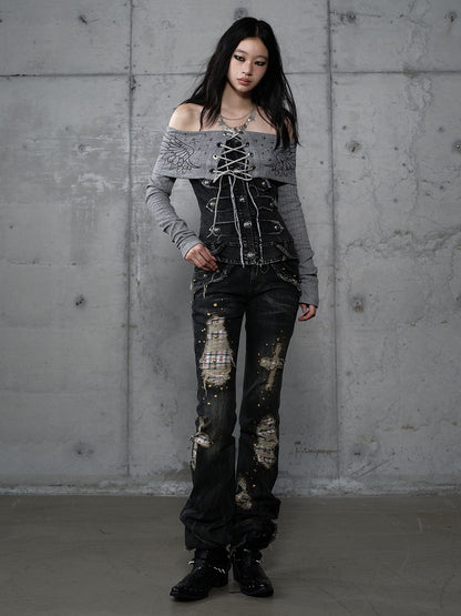 Plaid Distressed Patches Jeans Hem Punk with Frayed Black Wash Cross