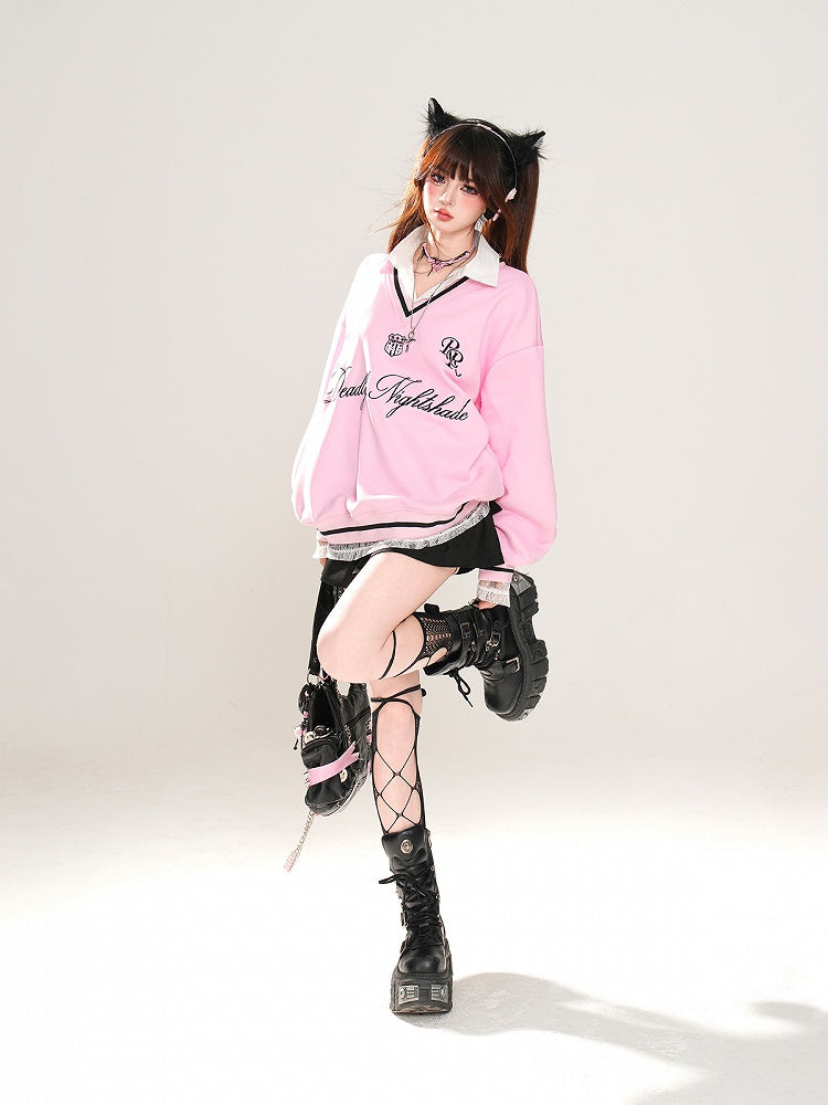 Apricot/Pink Polo Collar Letter Embroidery Spring Loose Sweatshirt Faux Two-pieces