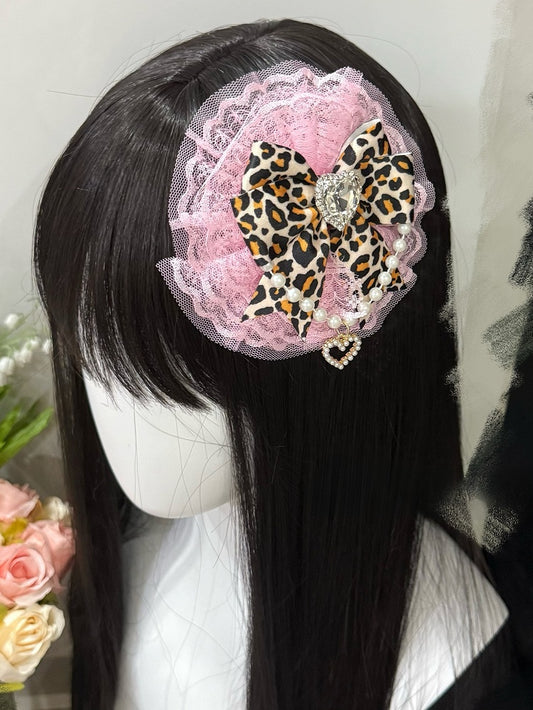 Rhinestone Trim Charm Leopard Lace Beaded Red Heart Decorated Pattern Pink/Rose Hairclip Bowknot