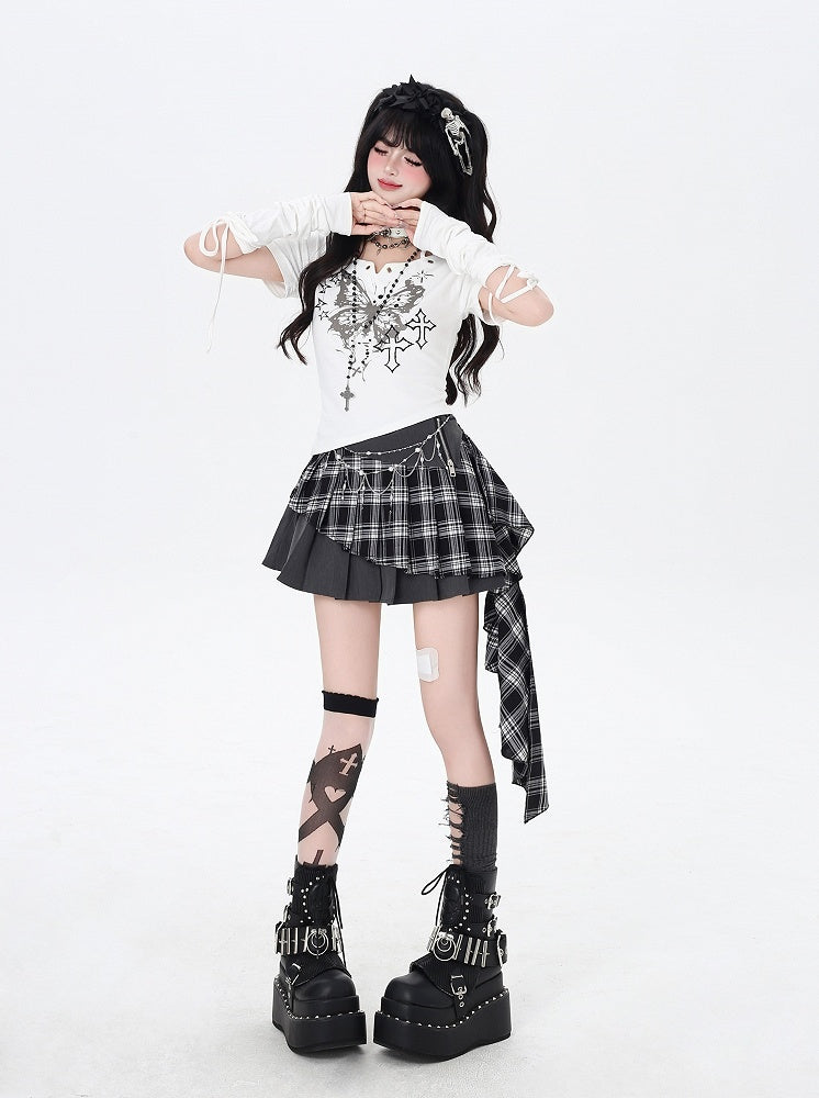 Hem Gray Plaid Asymmetrical Pleated Skirt