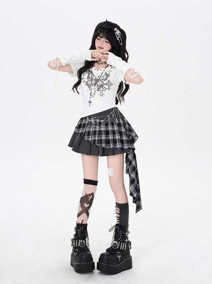 Hem Gray Plaid Asymmetrical Pleated Skirt