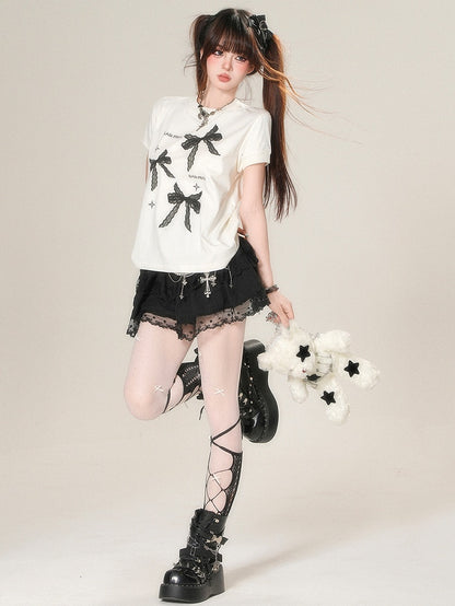 White/Black Daily Print Bowknot Kawaii T-shirt