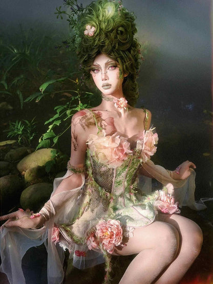 Straps Boned Floral Design Fairy Vine Green Top Pink Spaghetti and Goth Corset