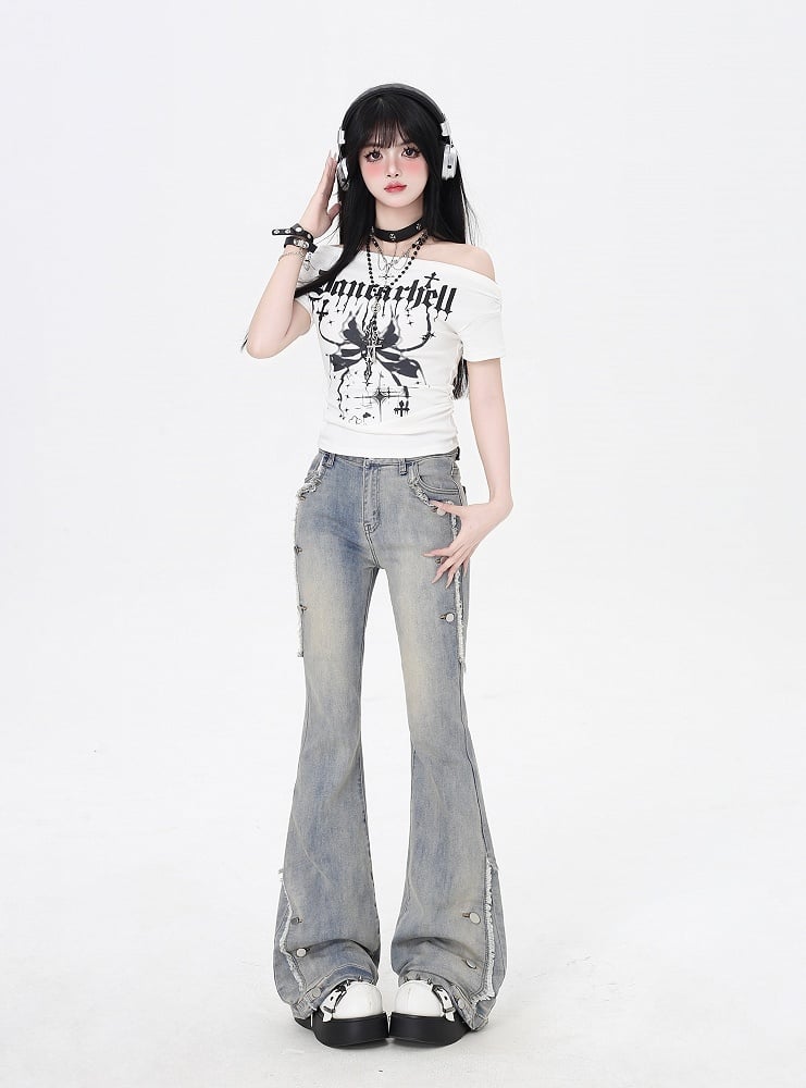 White/Gray Off-the-Shoulder Butterfly Print Glamorous T-Shirt