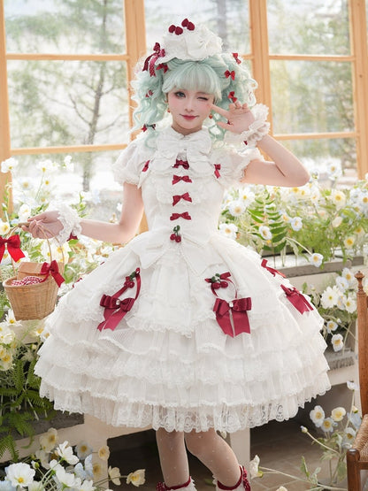 White Strawberry Princess Layered Ruffle Dress Sweet Lolita Jumper Skirt with Detachable Puff Sleeves
